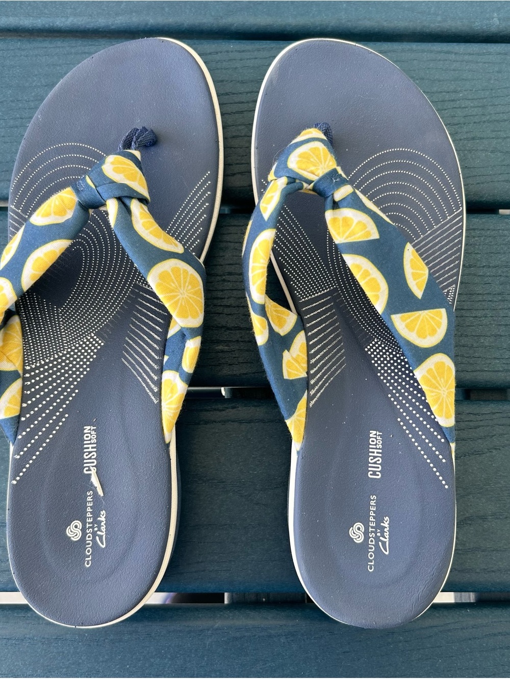 Clarks Yellow and Navy Lemon Pattern Slip-On Sandal